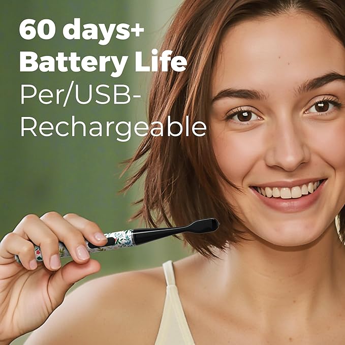 MIPOW Brush GO SlimPro i4 Electric Toothbrush Rechargeable Smart Ultra Sonic 3 Modes, Travel Case & Ceramic Dock, 60Day Battery Soft Bristles 2 Heads IPX7 Waterproof, Color-FloraBloom Edition