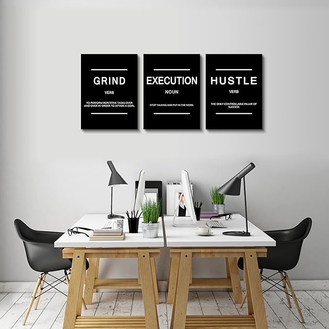 Framed Canvas Wall Art Success Quote, Office Wall Art, Black Large Poster, Positive Motivational Set of 3 Prints, Execute Failure Definition, Inspirational Print (B-3pcs,12x16inchx3pcs)-StrideForce Fitness