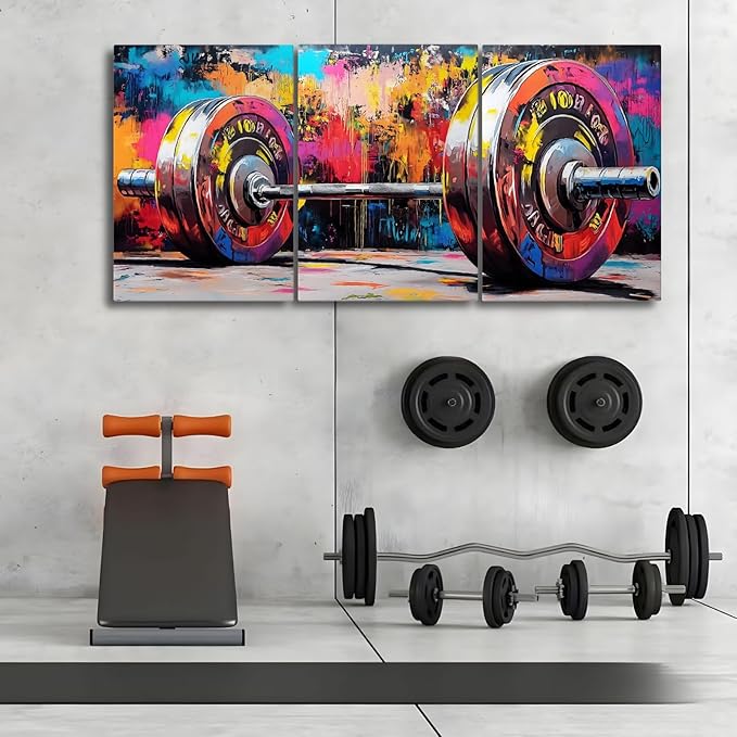 sawjug Gym Barbell Wall Decor, Colorful Graffiti Canvas Wall Art, Gym Motivational Wall Art, Colorful Pictures Wall Decor, Wall Painting for Living Room, Bedroom (24" x 36" x 3 pcs)-StrideForce Fitness