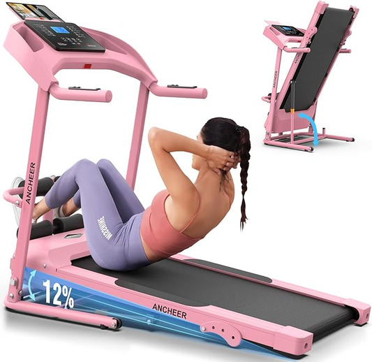 ANCHEER Foldable Treadmill with Sit Up Bench, 2025 Upgrade 3.5HP Portable Treadmills for Home with Incline 350 lbs Capacity, Smart LCD Display Body Fat& Heart Rate, Multifunction Exercise Equipment-StrideForce Fitness