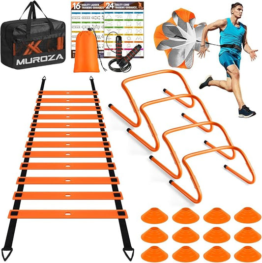 Agility Ladder, Speed Training Equipment Set, 20ft Agility Ladder, 12 Soccer Cones, 4 Hurdles, Jump Rope, Running Parachute, Basketball Football Soccer Training Equipment for Kids, Youth, Adults-StrideForce Fitness
