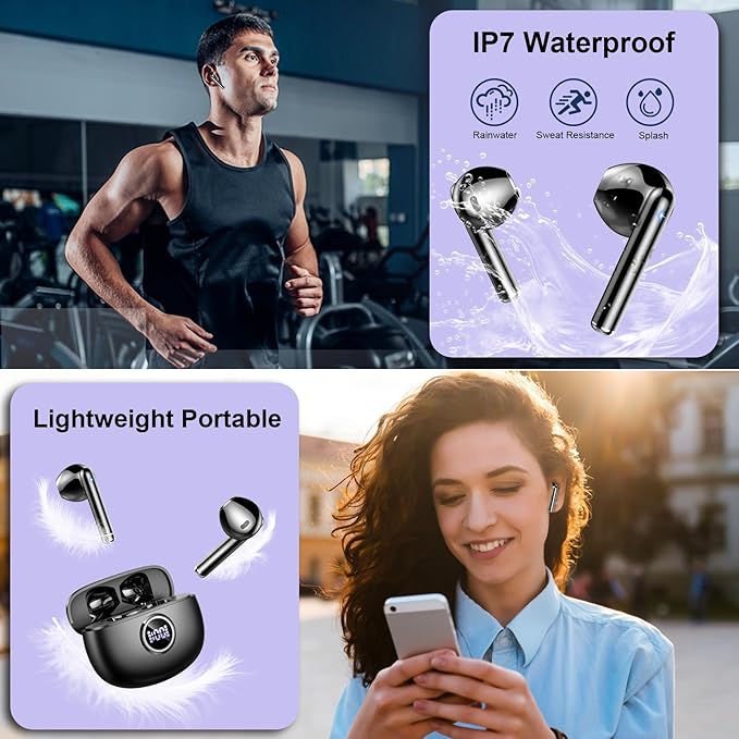 Wireless Earbuds, 2025 Bluetooth 5.3 Headphones HiFi Stereo Ear buds with ENC Noise Cancelling Mics, 40H Bluetooth Earbuds with Dual LED Display, IP7 Waterproof in Ear Earphones for Android iOS, Black-StrideForce Fitness
