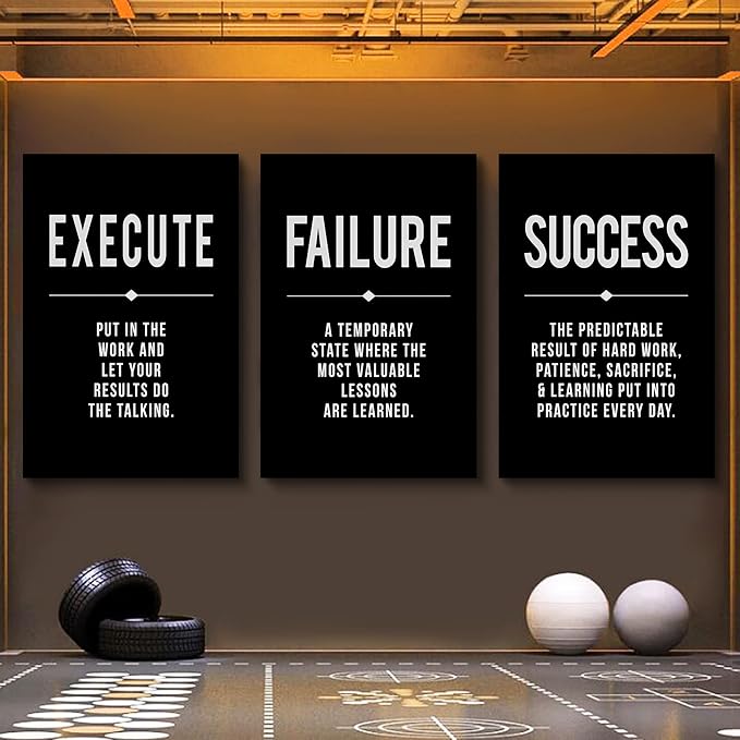 Framed Canvas Wall Art Success Quote, Office Wall Art, Black Large Poster, Positive Motivational Set of 3 Prints, Execute Failure Definition, Inspirational Print (A-3pcs,24x36inchx3pcs)-StrideForce Fitness