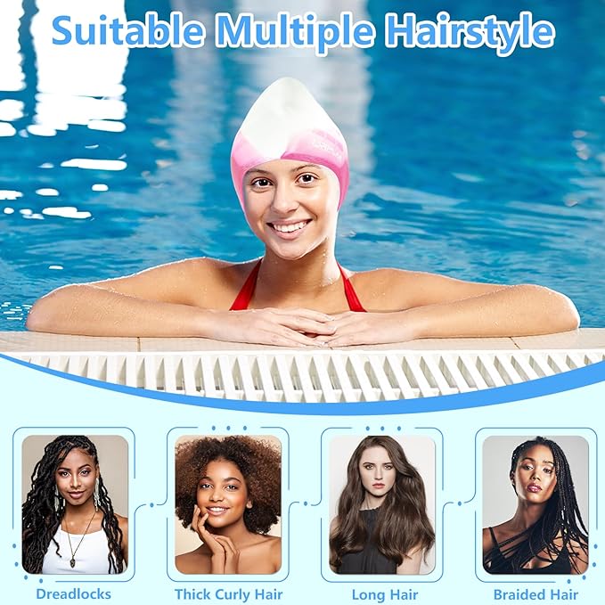 Swim Cap Long Hair,Silicone Swimming Caps with 3D Ear Cover,Waterproof Adult Swim Hats Bathing Caps for Women Men,Keep Your Hair Dry-StrideForce Fitness