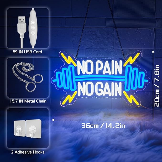 No Pain No Gain Neon Sign for Gym Wall Decor,Led Sign,Neon Lights for Bedroom,Motivational LED Light Up Sign for Home Fitness Room,Garage,Workout,Man Cave,Blue & Yellow Barbell Neon Light-StrideForce Fitness
