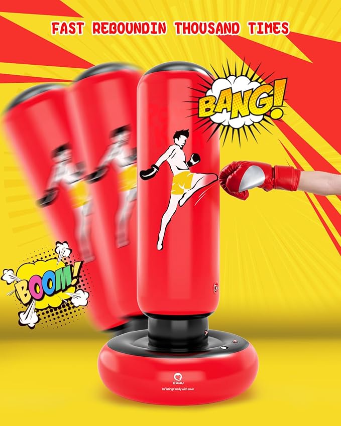 QPAU Kids Punching Bag Toy with Boxing Gloves, 66 Inch Larger Stable Kids Inflatable Boxing Bag Set, Gifts for Boys & Girls Age 6-12, for Practicing Karate, Taekwondo, MMA-StrideForce Fitness
