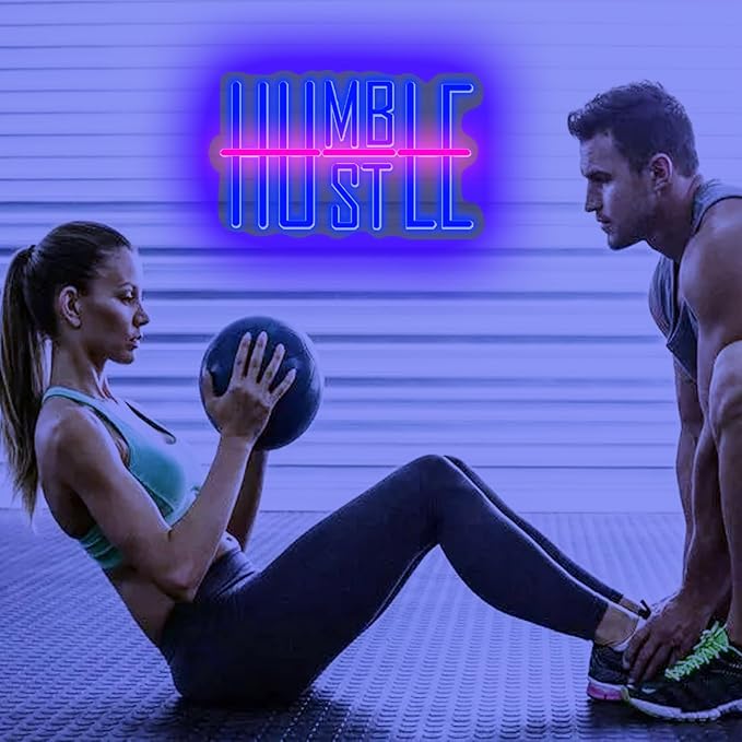 Humble&Hustle Neon Sign Light Up for Wall Decor Hustle Led Sign for Gym Small Acrylic Art Decor for Office Bedroom Decorations 16.54x9.45 inch-StrideForce Fitness
