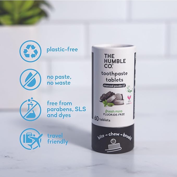 The Humble Co. Charcoal Powder Toothpaste Tablets Fluoride-Free, 3pk - Anticavity, Fluoride Free Toothpaste Dental Tablets with Natural Ingredients, Dentist Developed Formula (Charcoal, 3 Pk)