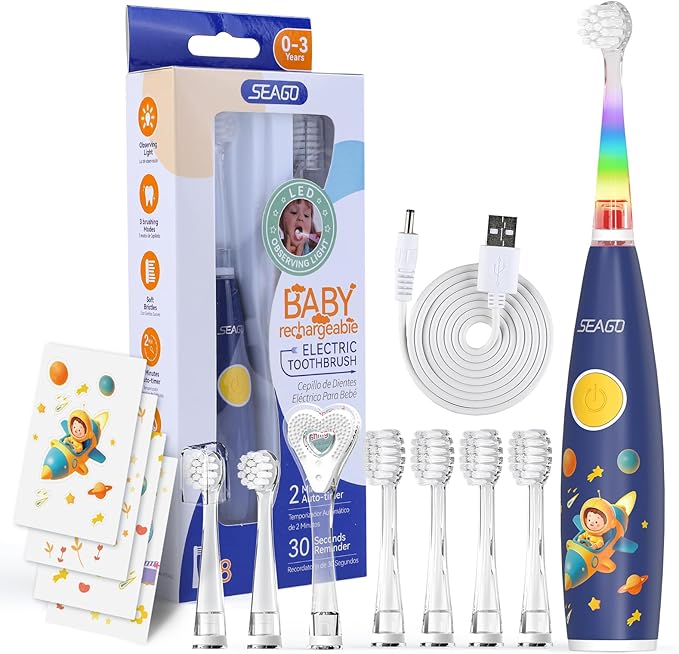 SEAGO Kids Electric Toothbrush Rechargeable with Smart Timer, LED Observing Light & DIY Stickers for Toddlers Ages 2-4, Soft Bristles for Oral Care, USB Charging (Blue)