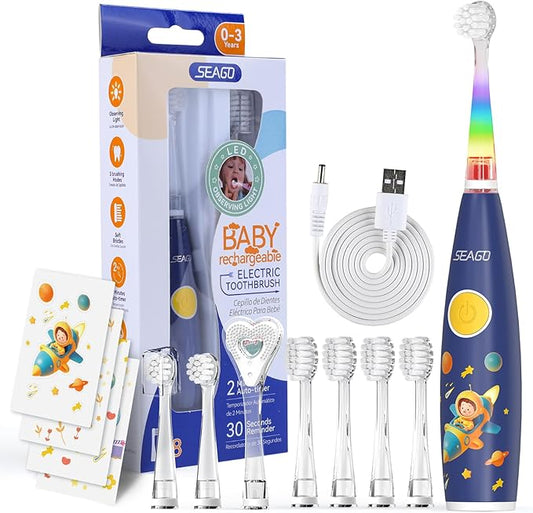 SEAGO Kids Electric Toothbrush Rechargeable with Smart Timer, LED Observing Light & DIY Stickers for Toddlers Ages 2-4, Soft Bristles for Oral Care, USB Charging (Blue)