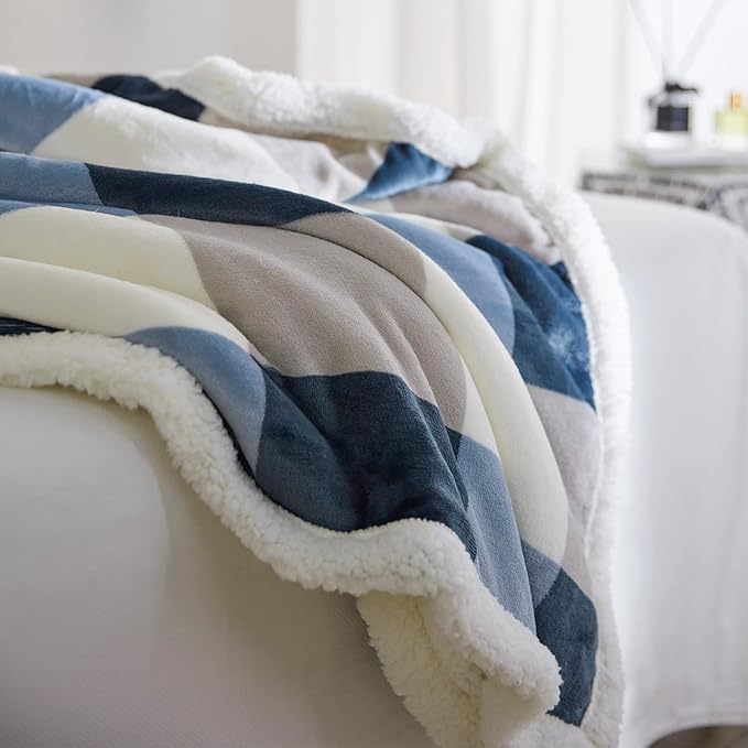 PU MEI Sherpa Fleece Throw Blanket 80" x 90" Full/Queen Reversible Plush Fluffy Extra Large Big Blanket Lattice Flannel Blankets for Sofa Couch Bed (Grey-Soft Blue, 80"*90")-StrideForce Fitness
