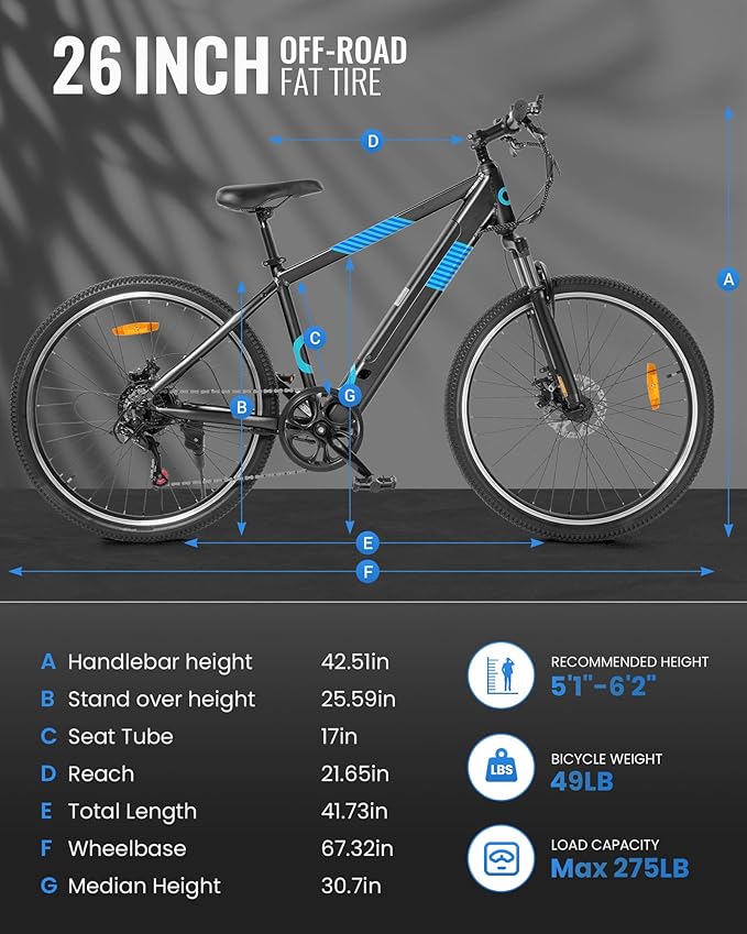 Electric Bike for Adults,36V Built-in Invisible Removable Battery,350W Brushless Motor(Peak 450W) Electric Mountain Bike,26" Tires&Front Fork Suspension,UL Certified 7-Speed-StrideForce Fitness