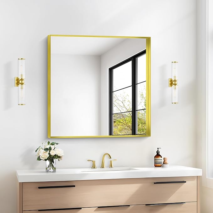 Gold Bathroom Mirror, 30x30 Inch Rectangular Framed Mirror, Large Wall Mounted Bathroom Vanity Mirror Over Sink for Bedroom,Restroom, Living Room, Hangs Vertically or Horizontally-StrideForce Fitness