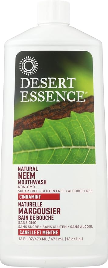 Desert Essence Alcohol-Free Mouthwash with Tea Tree Oil and Aloe, Sugar-Free, Oral Rinse to Fight Bad Breath & Dry Mouth, Vegan, Non-GMO, SLS-Free, Gluten-Free, Cinnamint Flavor, 16oz