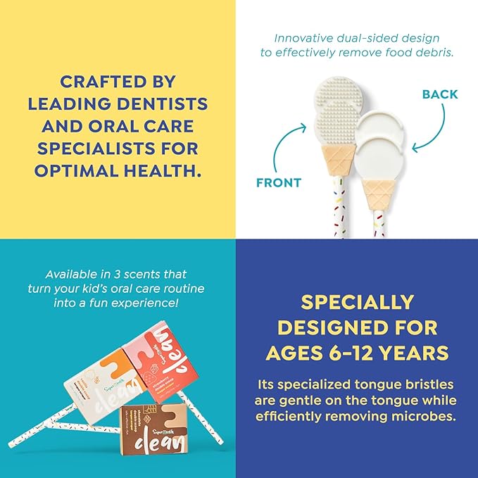 SuperMouth® Double Scoop Kids Tongue Scraper – Dual-Sided Brush & Scraper Removes Odor-Causing Buildup, Fights Bad Breath, Easy-Grip Ice Cream Design, 3 Yummy Scents, Ages 6-12, Essential Oral Care