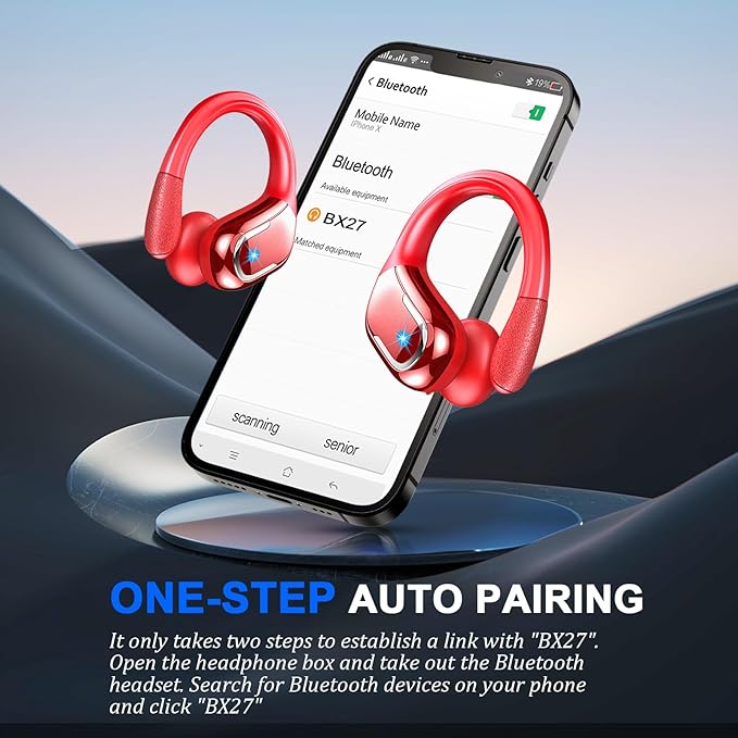 Ltinist Wireless Earbud, Bluetooh 5.4 Headphones Pure Bass Sound with Earhooks, 75H Battery in-Ear Sport Earbud with Dual-LED Display, IP7 Waterproof Earphones Built-in Microphone for Running, Red-StrideForce Fitness