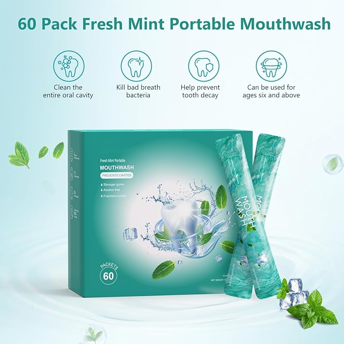 Mouthwash Travel Size Portable 60 Individual Disposable Packets to Go, Alcohol & Fluoride Free Fresh Mint Mouthwash Strips for Superior Oral Hygiene (Pack of 60)