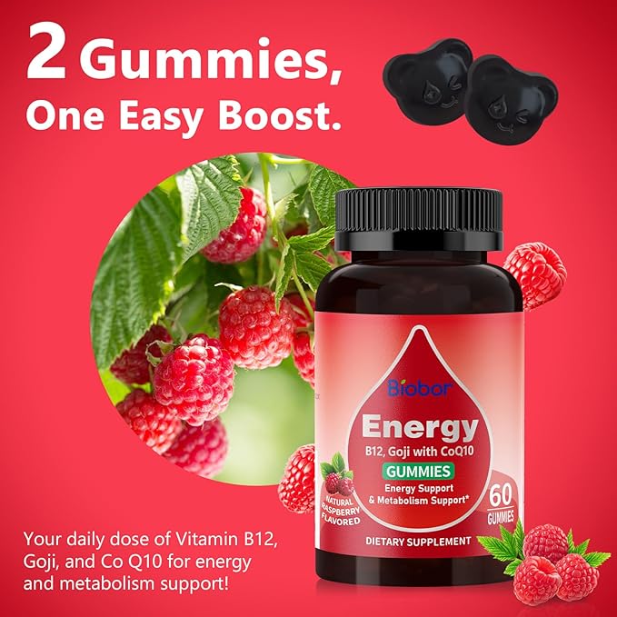 Natural Energy Gummies with Vitamin B12, Goji, CoQ10, Energy Support & Metabolism Support Chewable Supplement,GMO Free, Gluten Free (Raspberry, 60 Count)-StrideForce Fitness