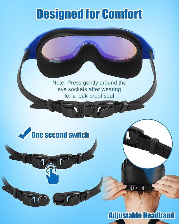 Swim Goggles with Nose Clip, Ear Plugs & Swim Cap, Anti-Fog UV Protection Lens, Leakproof Adjustable Strap for Adult-StrideForce Fitness