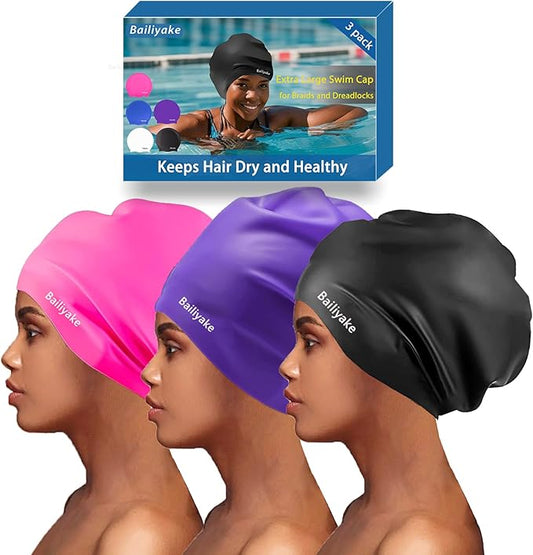 3 Pack Extra Large Swim Cap for Braids & Dreadlocks - Waterproof Silicone Swim Hat for Women with Long Thick Hair, Protective Swim Cap Cover Ears for Swimming, Shower, Bathing-StrideForce Fitness