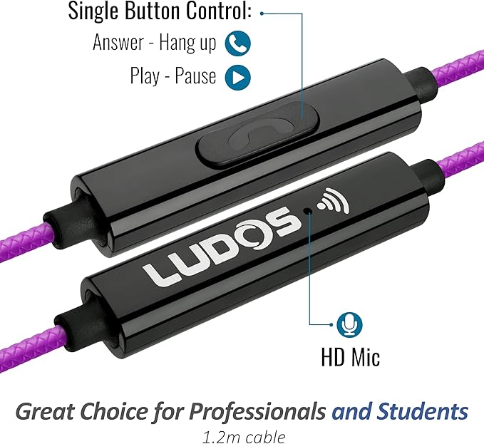 LUDOS Clamor Wired Earbuds in-Ear Headphones, 5 Years Warranty, Earphones with Microphone, Noise Isolating Ear Buds, Memory Foam for iPhone, Samsung, School Students, Kids, Women, Small Ears - Purple-StrideForce Fitness