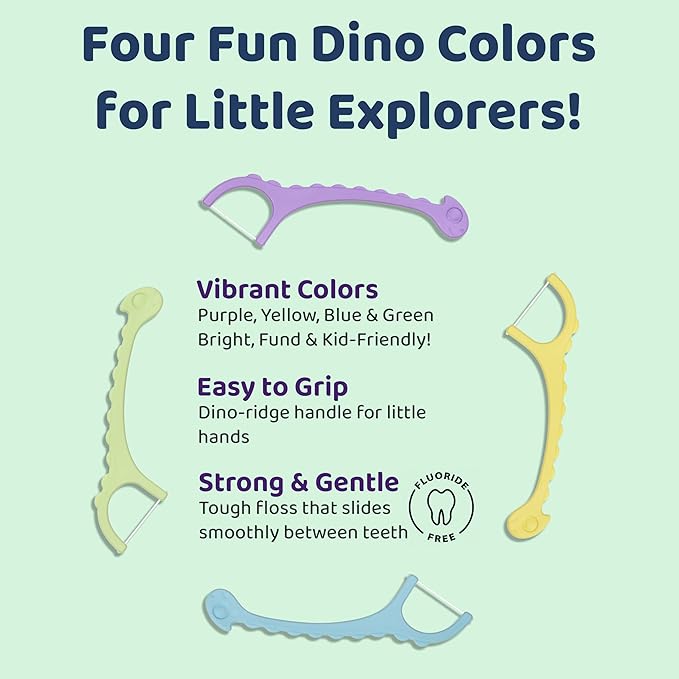 Sea Turtle Kids Dino Floss Picks - Corn Starch Handle - Thin Thread Tooth Dental Flossers - Unflavored (50)