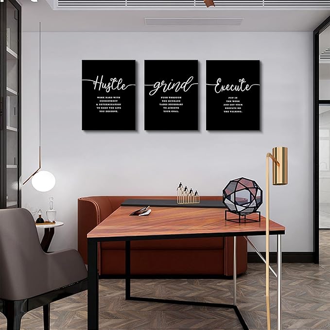 Office Decor - Hustle Quotes Execute Prints, Framed Canvas Wall Art Grind Quote, Office Wall Art, Black Large Poster, Positive MotivationalPrints, Inspirational Print (F-3pcs,12x16inchx3pcs)-StrideForce Fitness