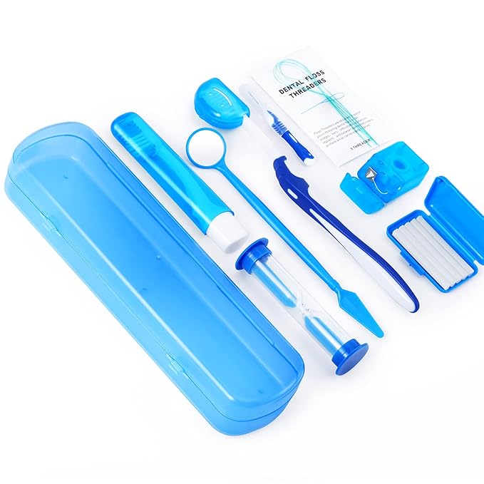 Annhua Braces Kit Cleaning 8 Pack for Orthodontic, Portable Tooth Cleaning Tools Family Oral Care Hygiene Set, Interdental Brush, Ortho Wax, Floss, Oral Mirror Included - Blue