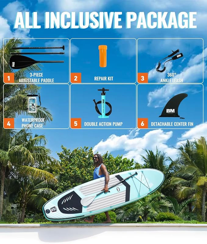BM Paddle Board Inflatable Stand Up Paddle Board, SUP Paddleboard for Adult, Premium Accessories | Non-Slip EVA Deck & Foam Handles, Camera Mount, Double Action Pump, 85L Travel Backpack-StrideForce Fitness
