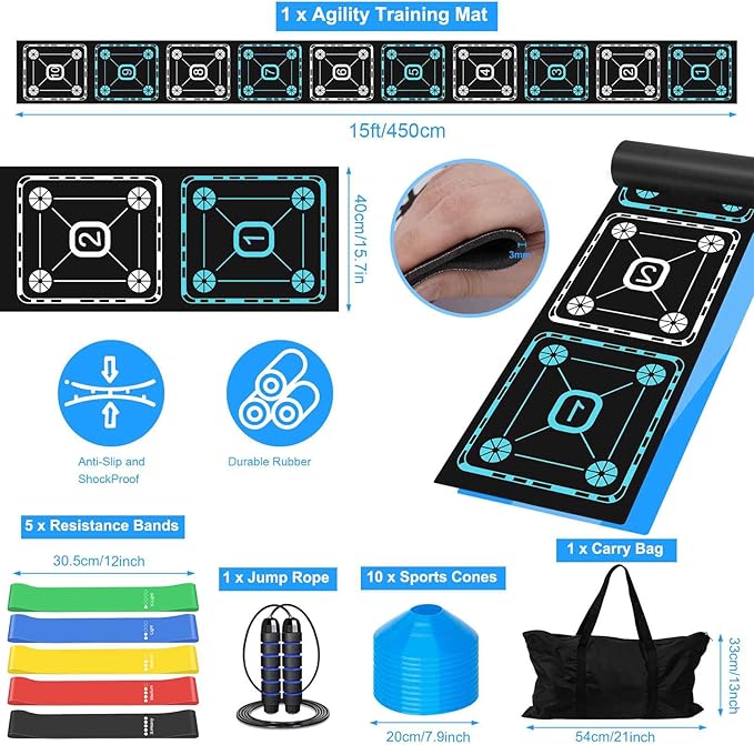 Agility Ladder Speed Training Equipment Set-15ft Non-Slip Agility Training Ladder, 10 Disc Cones, 5 Resistance Bands, Jump Rope, Rubber Ladder Mat for Soccer Footwork Drills Fitness Workouts-StrideForce Fitness