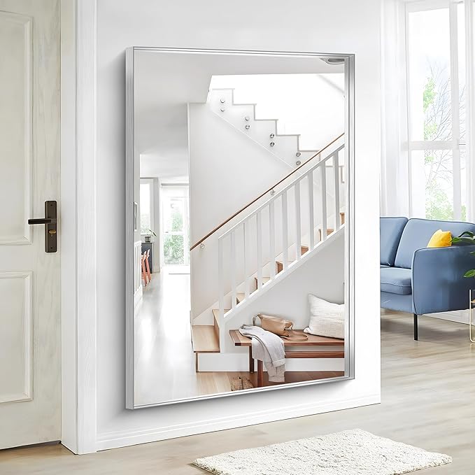 Silver Bathroom Mirror, 60x40 Inch Rectangular Framed Mirror, Large Wall Mounted Bathroom Vanity Mirror Over Sink for Bedroom,Restroom, Living Room, Hangs Vertically or Horizontally-StrideForce Fitness
