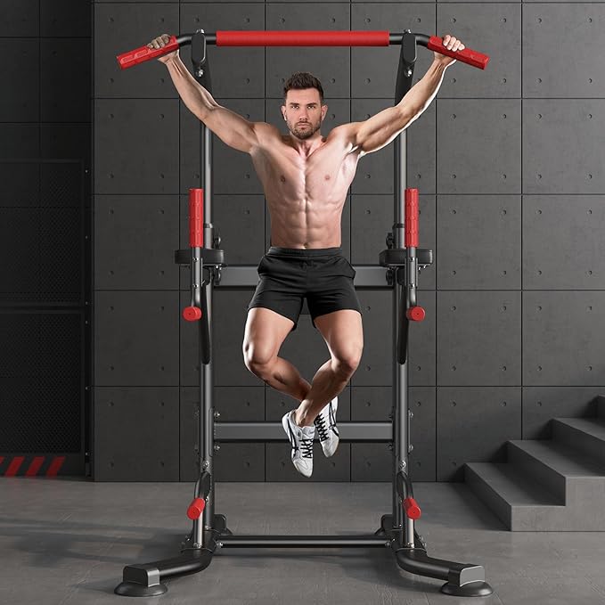 soges Pull Up Bar Dip Station, Power Tower with Boxing Speed Ball & Spinning Target, Adjustable Height Dip Stand Strength Training Fitness Workout Station, Assistive Trainer Pull Up Stand-StrideForce Fitness