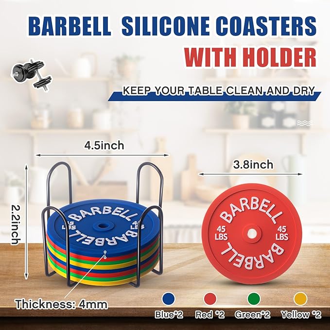 8 Pcs Barbell Bumper Plate Cool Coasters Round Silicone Coasters Weight Plate Coaster with Rack Holder for Gym Lovers Gym Accessories(Colorful)-StrideForce Fitness