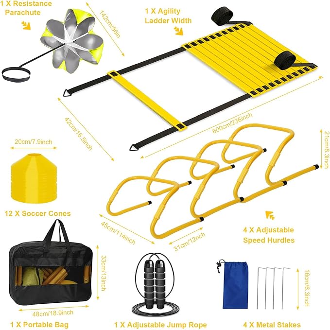 Agility Ladder, Soccer Training Equipment Set, 4 Agility Hurdles, 20ft Speed Ladder, Running Parachute, 12 Football Cones, Jump Rope | Soccer Basketball Athletes Speed Training-StrideForce Fitness