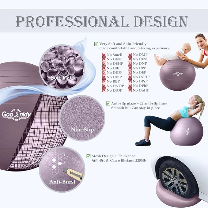 Soft Exercise ball, Anti-Burst Yoga Ball Chair Supports 2200lbs, Workout Equipment w/ Pump for Women Pregnancy, Medicine, Birthing, Physical Therapy, Stability, Excersing, Birth, Swiss, Fitness, Gym-StrideForce Fitness