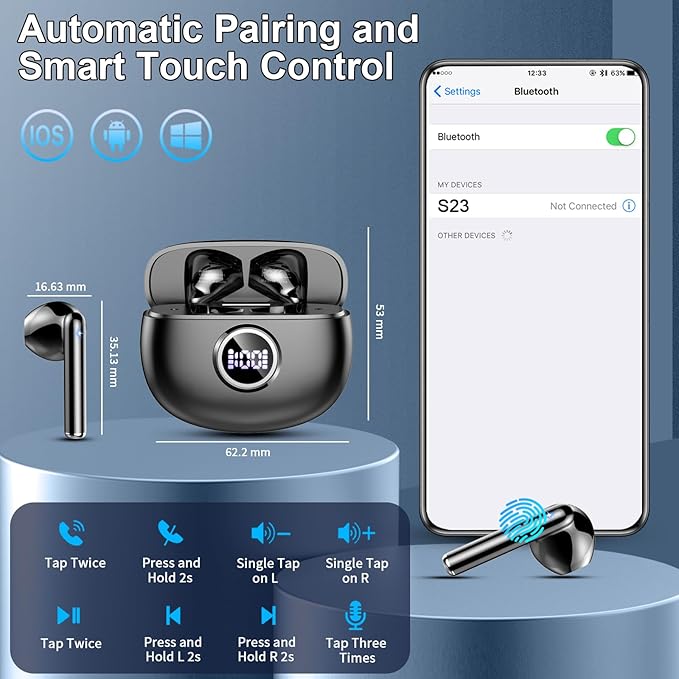 Wireless Earbuds, 2025 Bluetooth 5.3 Headphones HiFi Stereo Ear buds with ENC Noise Cancelling Mics, 40H Bluetooth Earbuds with Dual LED Display, IP7 Waterproof in Ear Earphones for Android iOS, Black-StrideForce Fitness