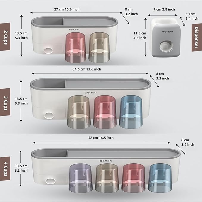 No-Drill Wall Mounted Toothbrush Holder, Bathroom Shelf, with 1 Automatic Toothpaste Dispenser 8 Brush Hooks Cups 1 Cosmetic Drawer Organizer and Large Storage (1 Dispenser + 4 Cups)