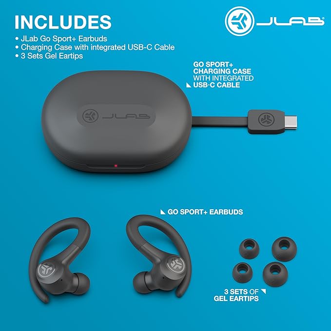 JLab Go Sport+ Wireless Workout Earbuds Featuring C3 Clear Calling, Secure Earhook Sport Design, 35+ Hour Bluetooth Playtime, and 3 EQ Sound Settings (Graphite)-StrideForce Fitness