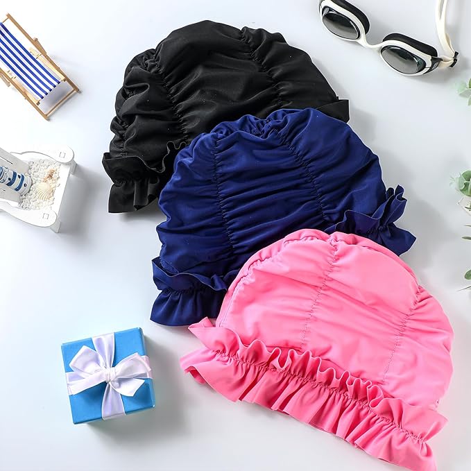 Soulchen 3 Pcs Swim Cap Women Adult with Ruffled Edges Nylon Cloth Swimming Cap for Women Bathing Hats Swim Turban Waterproof Swimming Hat-StrideForce Fitness