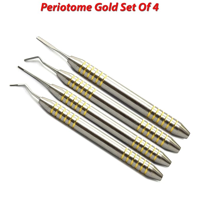 MEDSPO Professional Dental Instruments Osteotome Periotome Luxating Elevator Implant | Orthodontic PDL Teeth | Surgical Root Extraction Spreading (Periotome Gold Set Of 4)