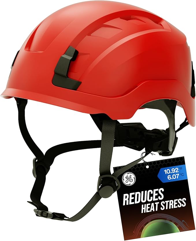 GE Safety Helmet, Impact Absorbing Tech, Adjustable Ratchet, ANSI Type 1, Memory Foam Padding, Hard Hats Protection, Lightweight, Durable, Chin Strap, Comfortable Fit OSHA Approved-StrideForce Fitness