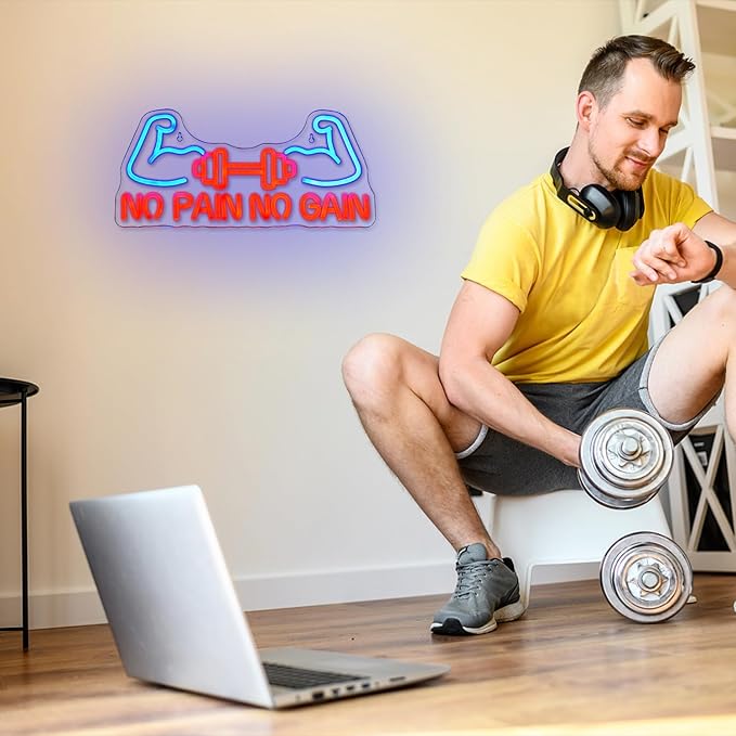 No Pain No Gain Neon Sign for Gym Decor Gym Neon Light Muscle Led Neon Sign Dumbbell LED Neon Light Weightlifting Neon Lights Fitness Club Neon Signs for Gym Fitness Club Store Decoration-StrideForce Fitness