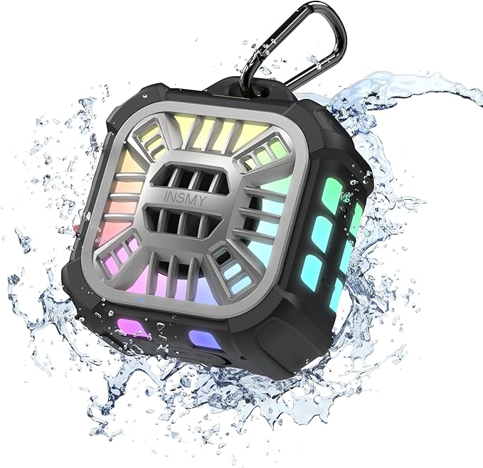 INSMY IP67 Waterproof Bluetooth Speaker, Shower Speaker Portable Small Clip-on, Multi Sync 100+ Speakers, Big Volume Booming Bass, 24H Playtime/Floatable/RGB Lights for Outdoor/Kayak/Beach (Black)-StrideForce Fitness