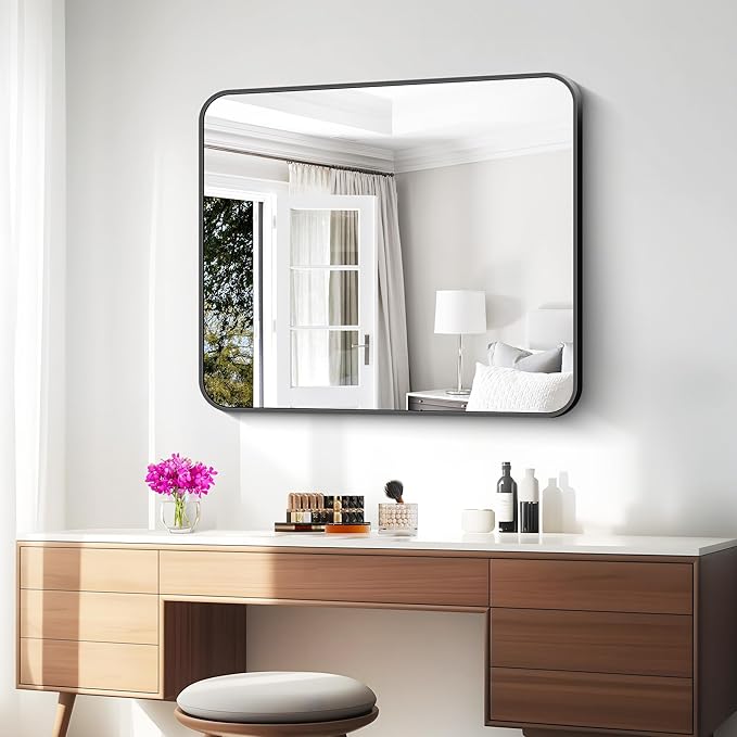 30x36 inch Bathroom Mirror,Black Rectangle Mirror,Wall Mounted Bathroom Frame Vanity Mirror with Round Corner for Bedroom Living Room, Entryway Hangs Horizontal or Vertical-StrideForce Fitness