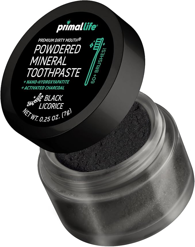 Primal Life Organics - Dirty Mouth Toothpowder, Activated Charcoal Tooth Cleaning Powder, Essential Oils Natural Kaolin Bentonite Clay, 60+ Brushings, Organic Vegan (Charcoal Black Licorice, 0.25 oz)