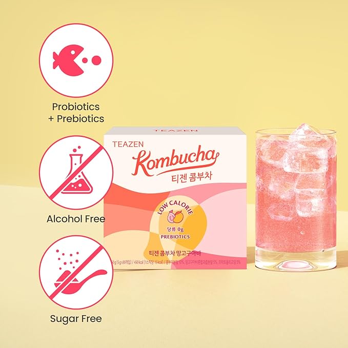 TEAZEN Mango Guava Kombucha Tea, Hydration Drink Mix, Sugar Free, Live Probiotics & Prebiotics, 30 Sticks, 5.29oz-StrideForce Fitness