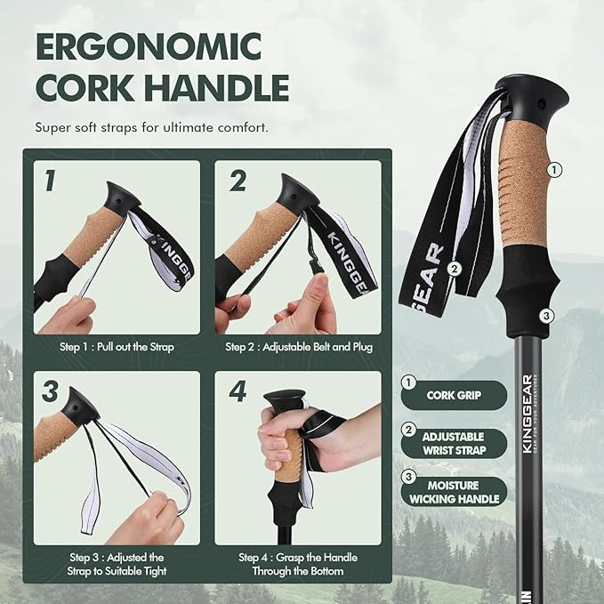 KINGGEAR Nordic Walking Stick, TP1 Hiking Poles Retractable Lightweight 7075 Aluminum, Trekking Poles with Flip Lock, Natural Cork and EVA Grip, 2pc Hiking Gear-StrideForce Fitness