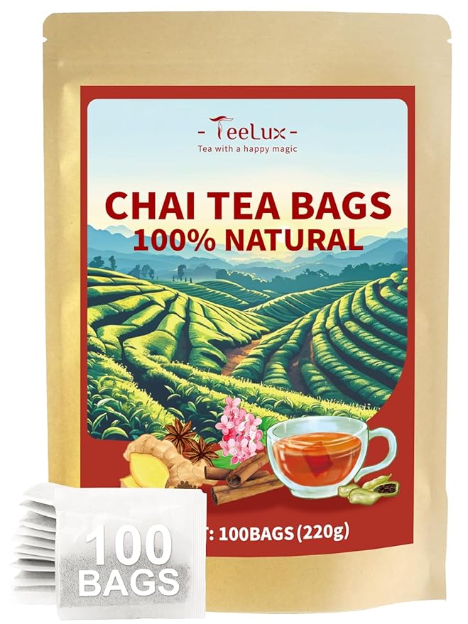 TeeLux Chai Black Tea, Black Tea with Cinnamon, Ginger, Clove & Star Anise, Mellow & Spicy Flavor, Natural, 100 Count
