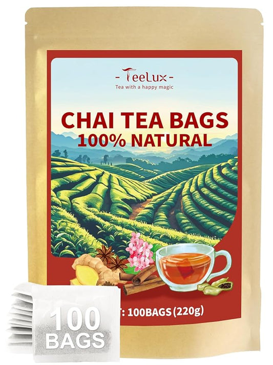 TeeLux Chai Black Tea, Black Tea with Cinnamon, Ginger, Clove & Star Anise, Mellow & Spicy Flavor, Natural, 100 Count