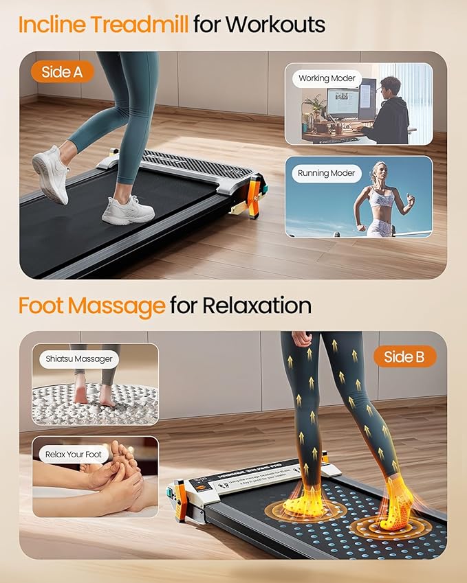 Walking Pad with Incline - Dual-Sided 2 in 1 Under Desk Treadmill with Shiatsu Foot Massager, 330LBs Walking Pad Treadmills for Home and Office, LED Display and Remote Control-StrideForce Fitness